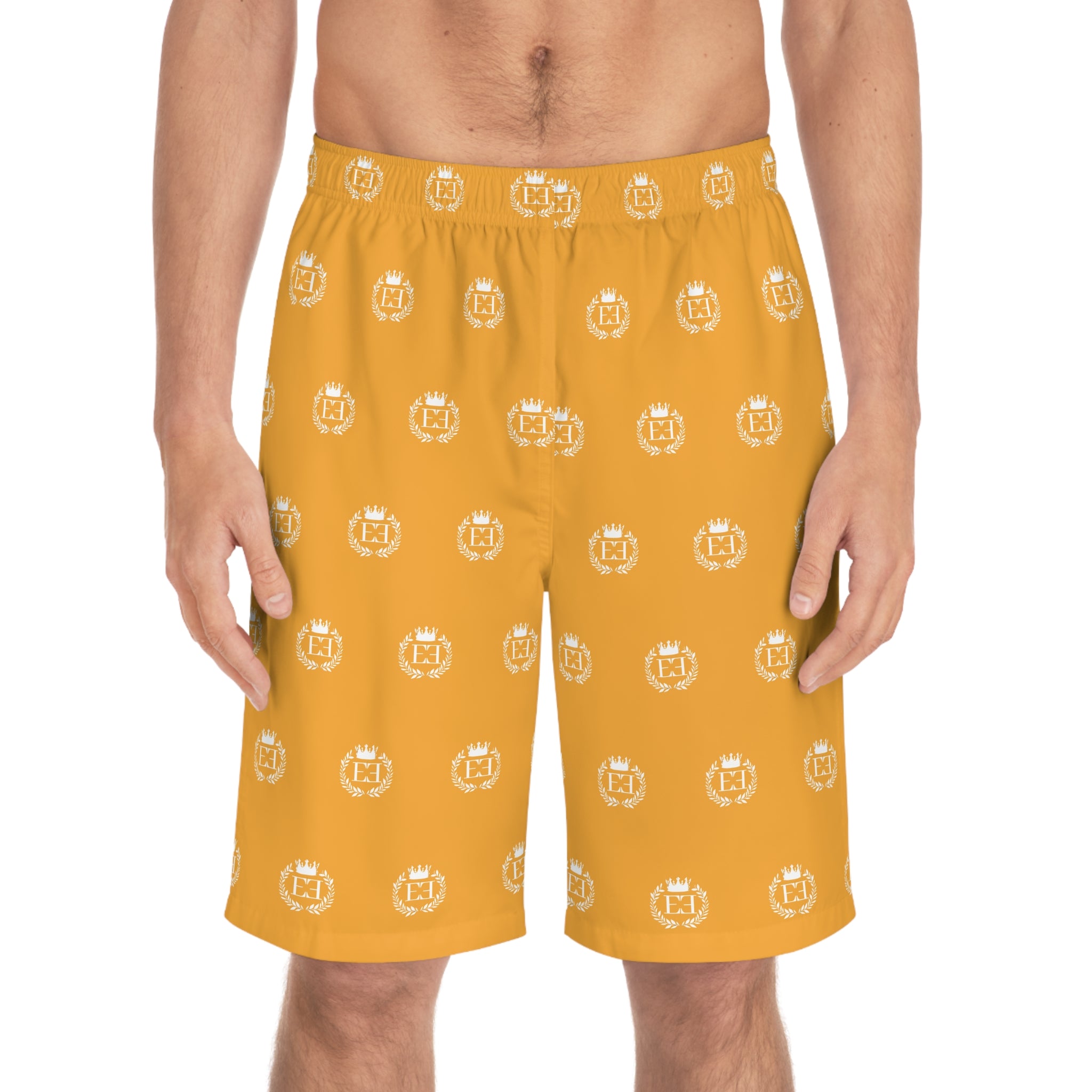 Gold Crest Pattern Board Shorts — Men’s All-Over Print Swim Trunks