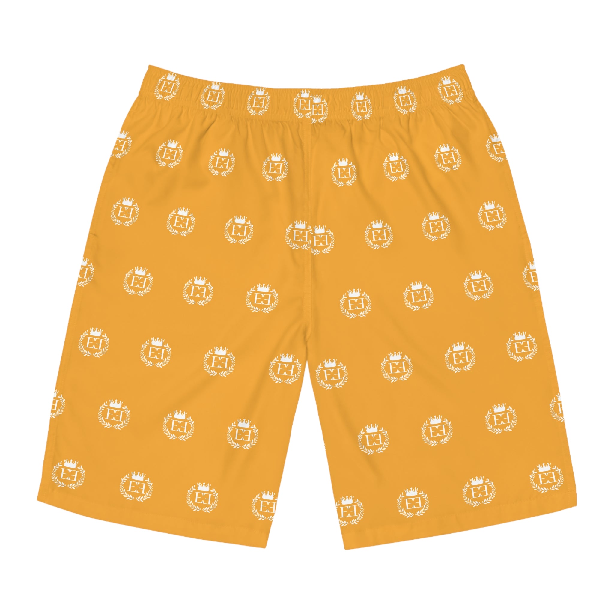 Gold Crest Pattern Board Shorts — Men’s All-Over Print Swim Trunks