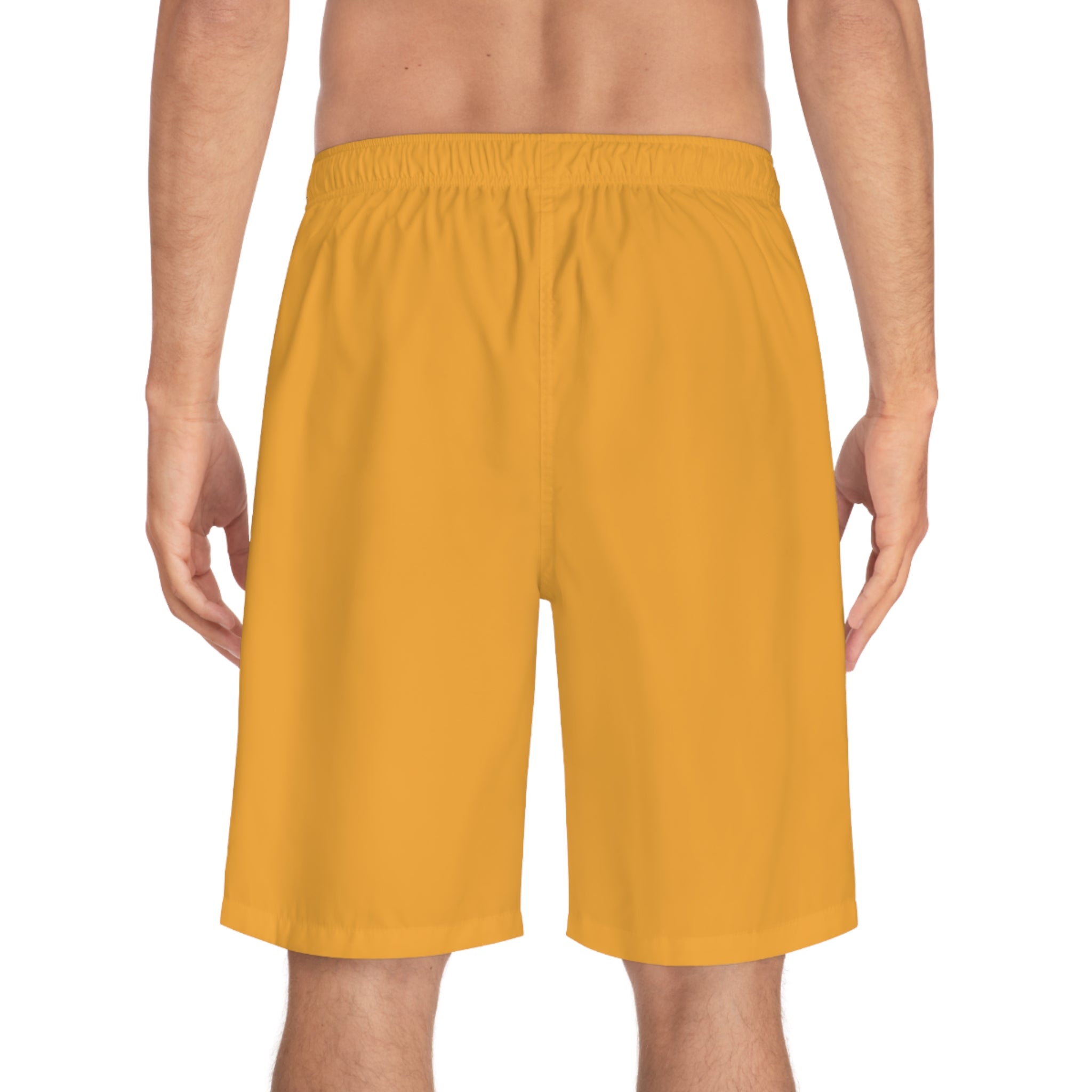 Gold Crest Pattern Board Shorts — Men’s All-Over Print Swim Trunks